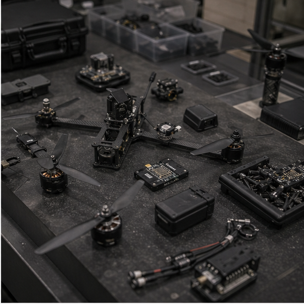 Small drone components on a workbench