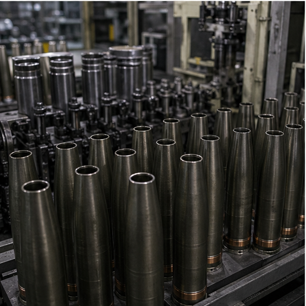 Industrial shell or metal casing production scene without markings