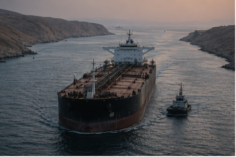 Oil tanker moving through a narrow strategic sea lane