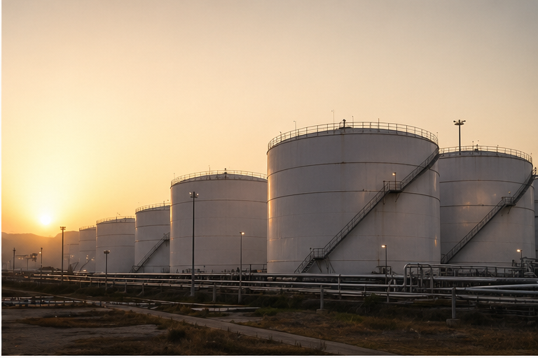 Large crude oil storage tanks at sunrise