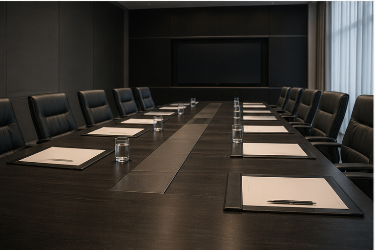 Energy policy meeting table with blank documents and neutral lighting