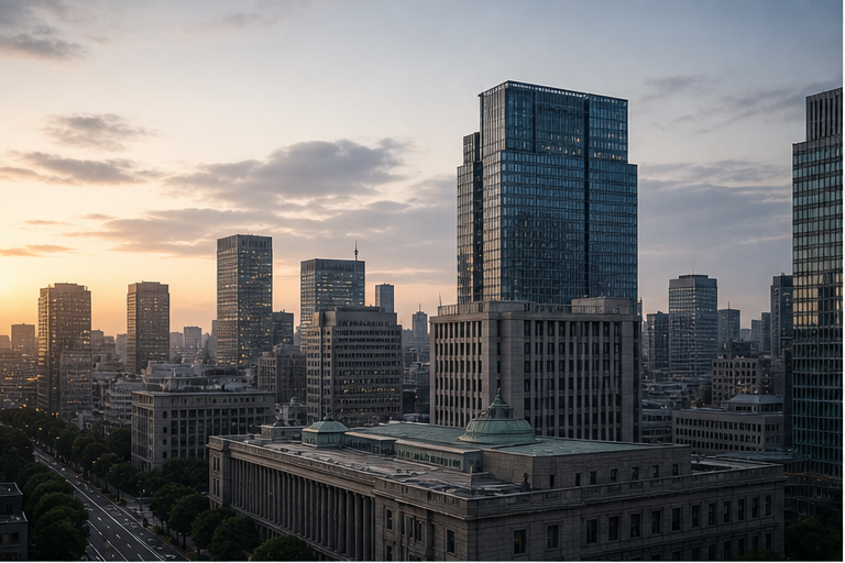 Financial district skyline at dawn with a calm but tense mood