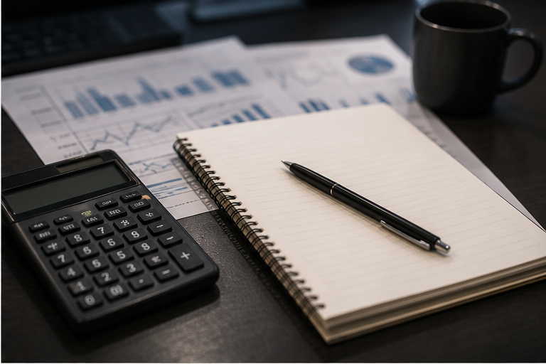 Market desk with calculator blank notebook and blurred currency charts