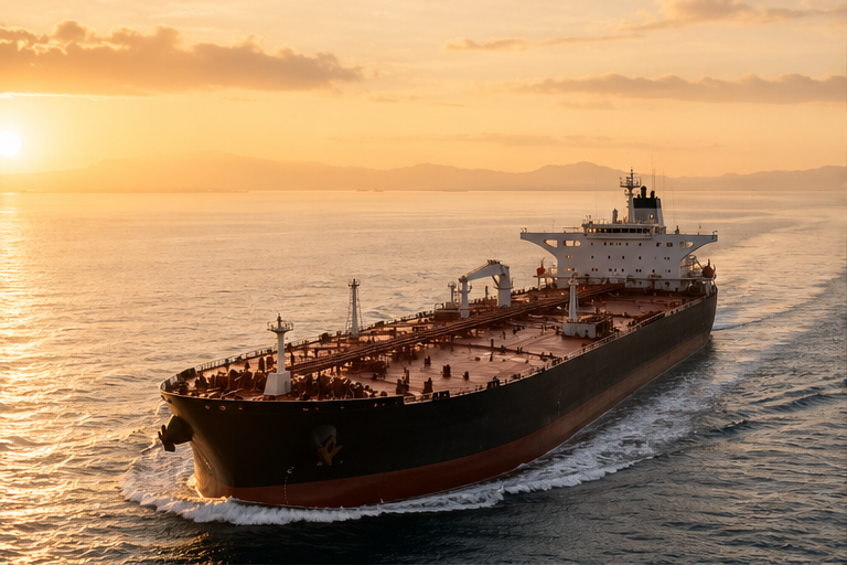 Oil tanker at sea under early morning light