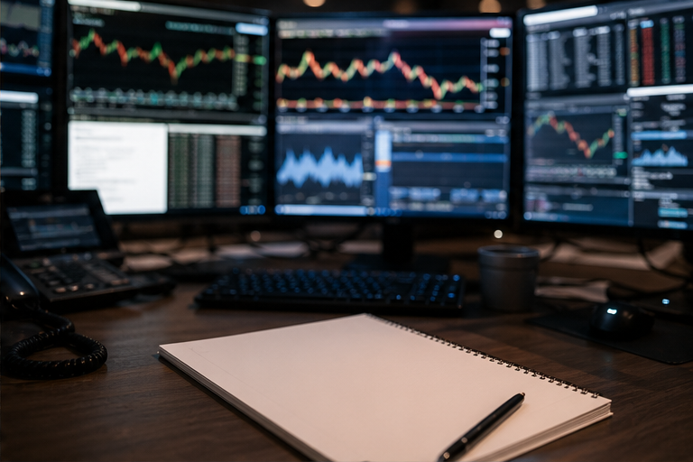 Trading desk with blurred market screens and blank notes