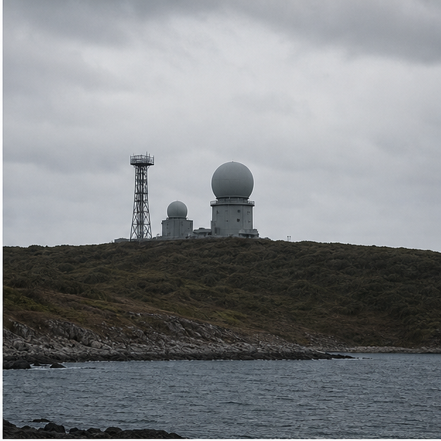 Coastal radar installation under gray sky