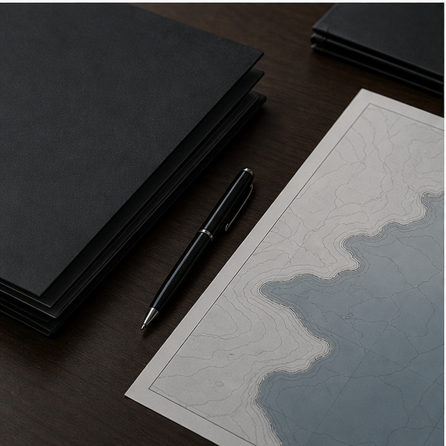 Blank security folders and unlabeled coastline chart