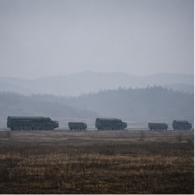 Launcher support vehicles or silhouettes from far away in mist