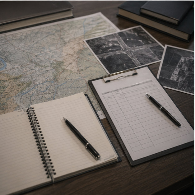 Analysis desk with blank launch cycle notes and maps