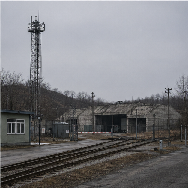 Guarded depot or rail spur under overcast sky