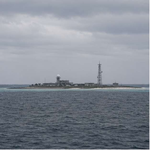 Remote reef or island outpost seen across gray sea