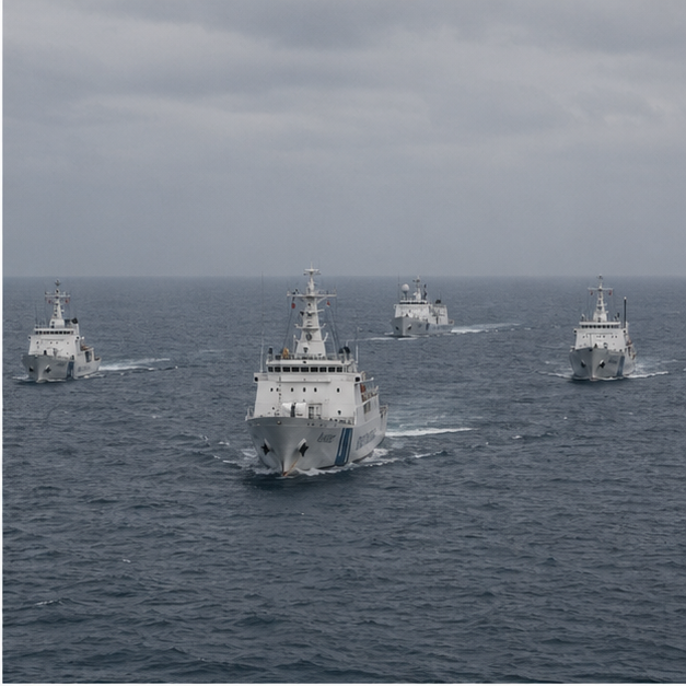 Patrol style ships on open water from a distance
