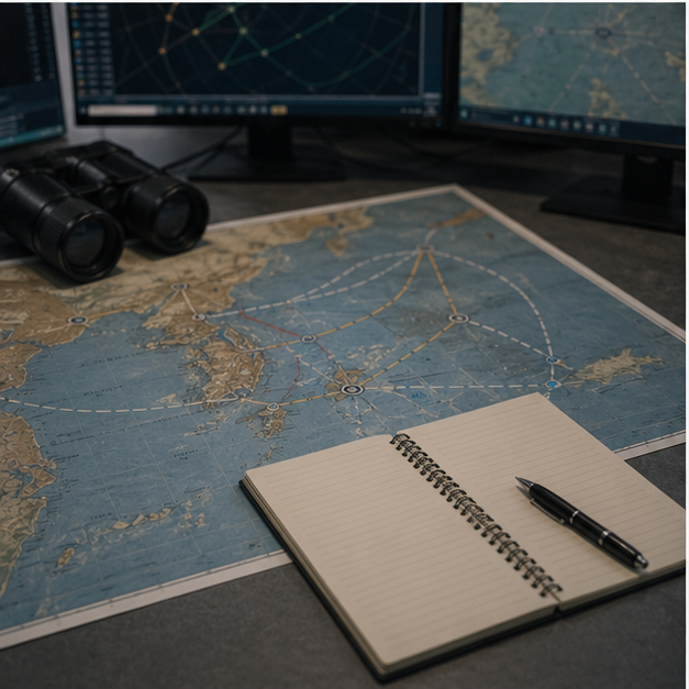 Maritime watch desk with route map and blank notes