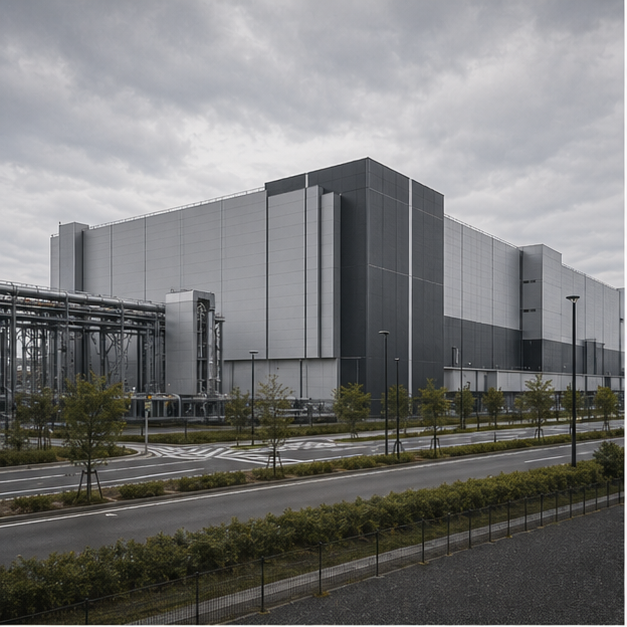 Advanced fab exterior in Japan under cloudy sky