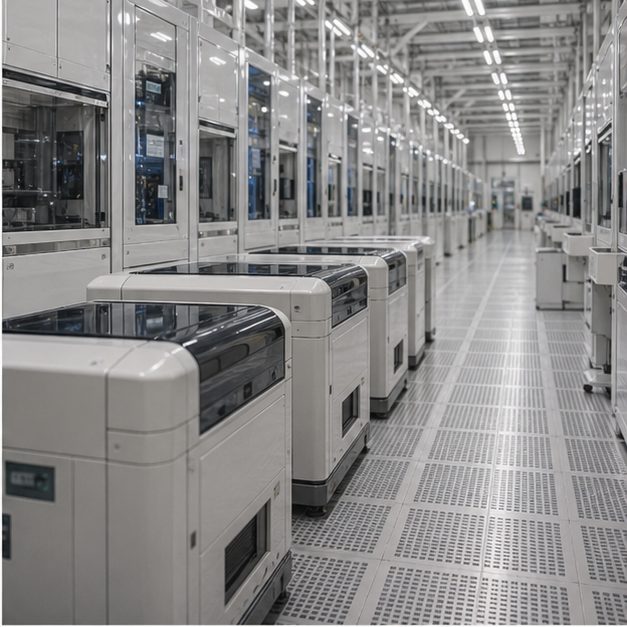 Cleanroom aisle with sealed wafer pods and no people