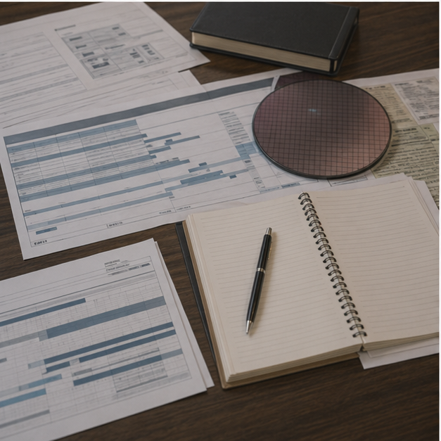 Strategy desk with blank semiconductor roadmap papers