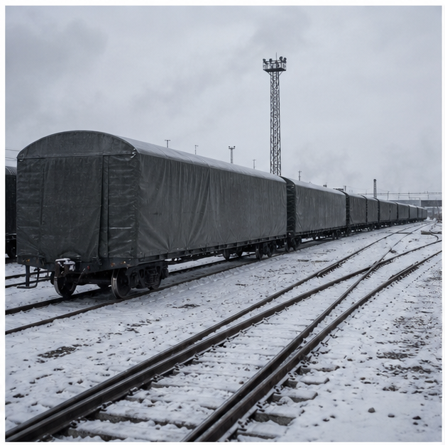 Winter rail freight yard with covered railcars
