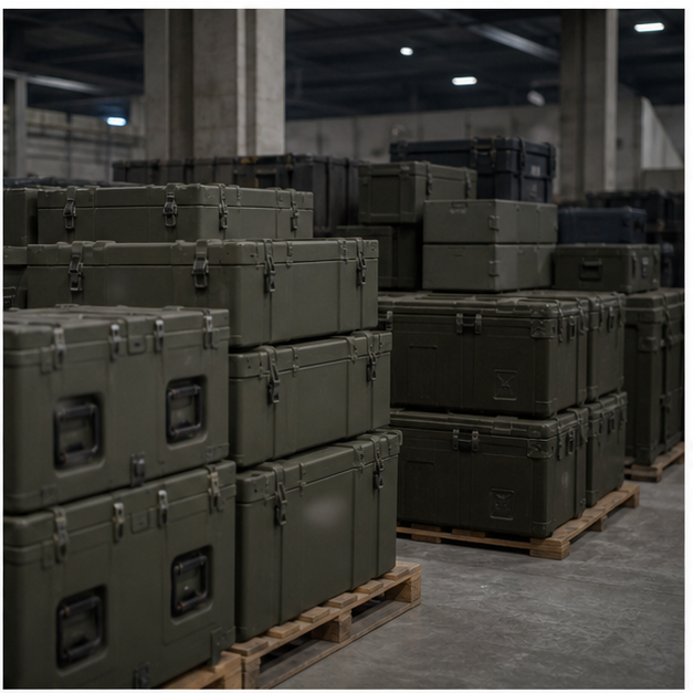 Unmarked logistics crates in a warehouse