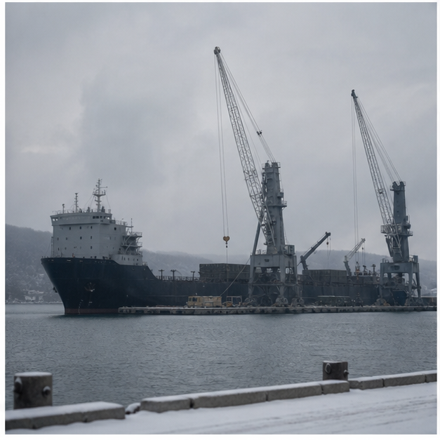 Gray winter port with cargo ship and cranes
