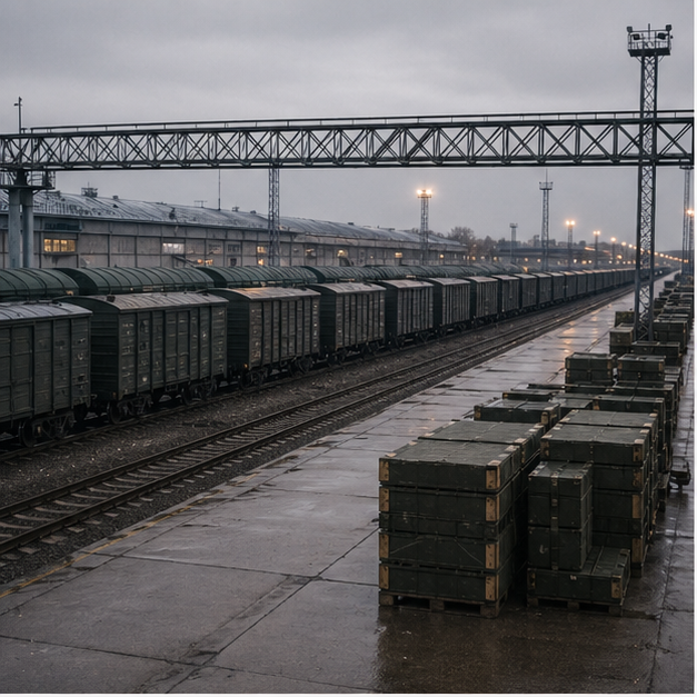 Freight wagons or cargo yard with sealed crates from afar