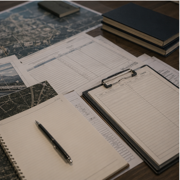Resupply planning desk with blank inventory sheets