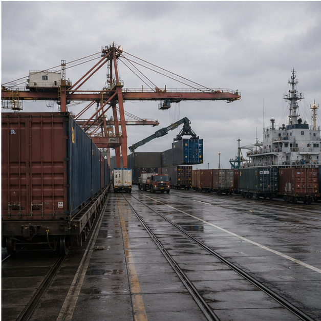 Industrial rail or port transfer scene under gray sky