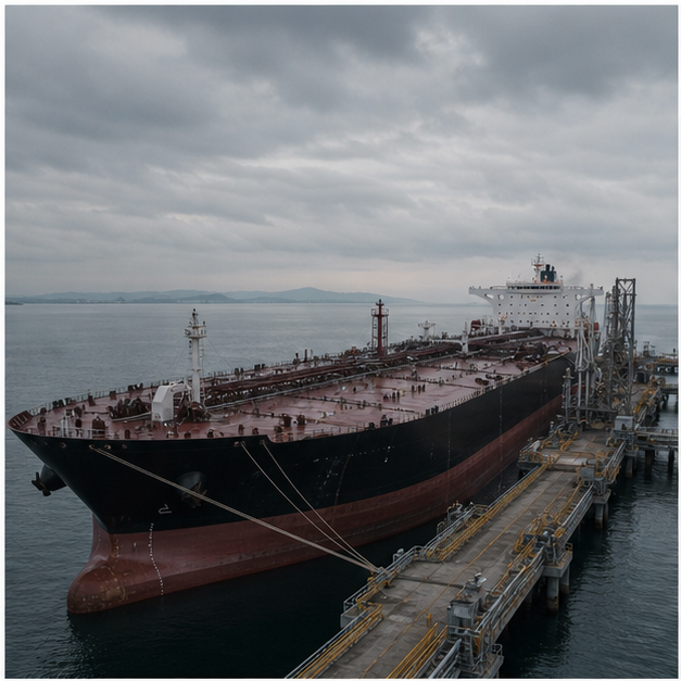 Crude oil tanker moored at an industrial pier