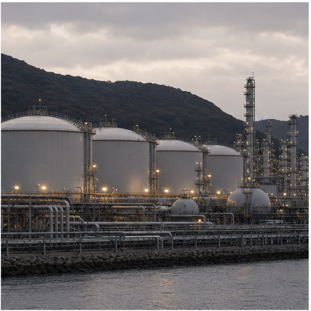 Refinery storage tanks and coastal pipelines