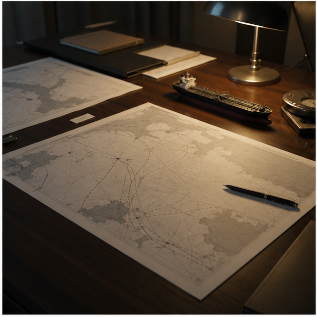 Energy procurement desk with tanker route charts