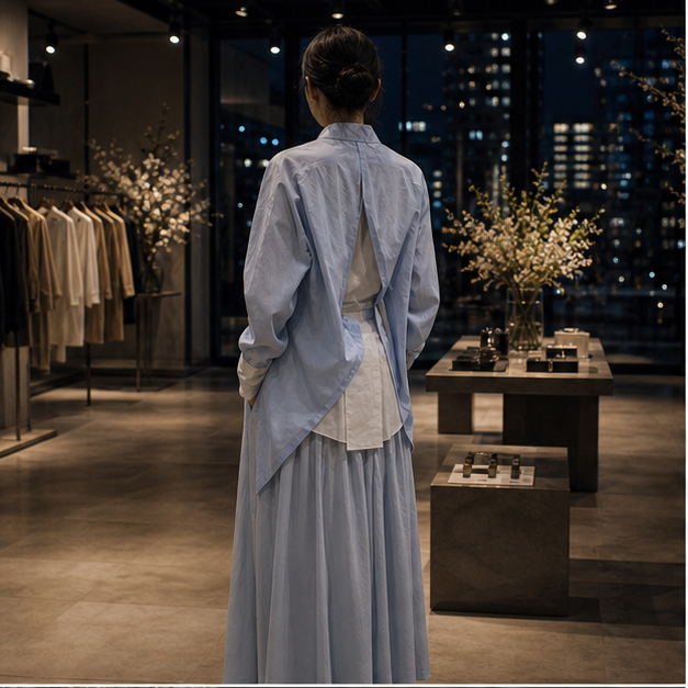 Anonymous fashion model seen from behind in a Tokyo boutique event interior