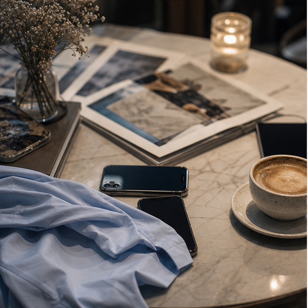 Cafe table with fashion prints and blank phones suggesting online discussion