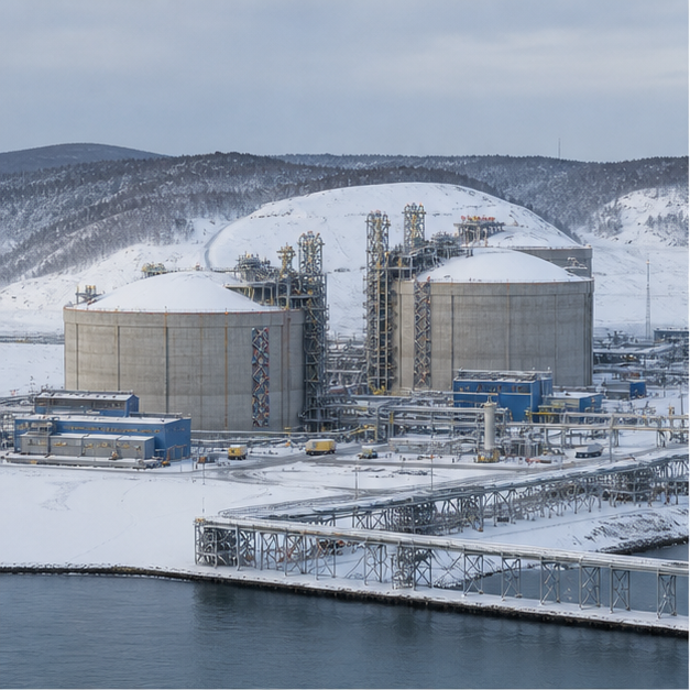 Cold northern LNG export terminal and storage tanks.