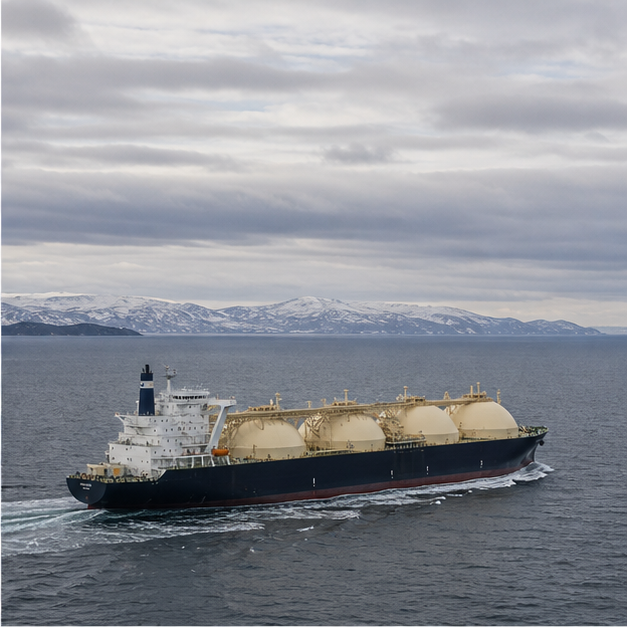 LNG tanker crossing a winter sea.