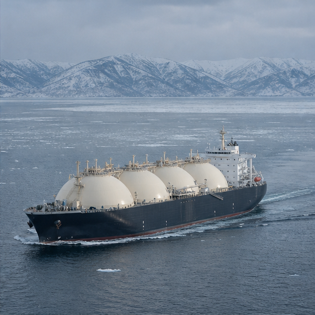 Ice-class LNG tanker in cold northern water.