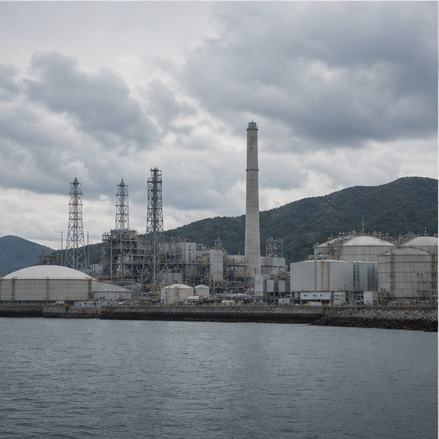 Japanese coastal power station and LNG tanks.