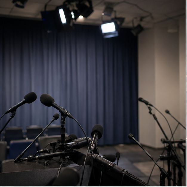 Empty press briefing room with microphones and studio lighting