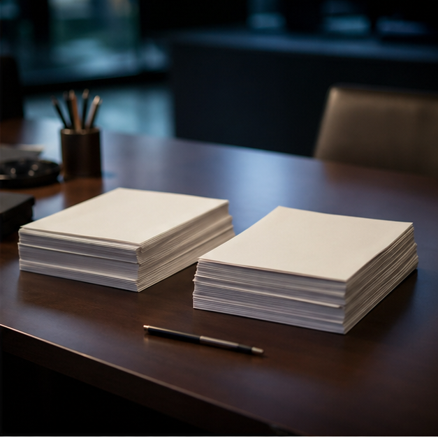 Desk with two stacks of blank briefing papers suggesting different framings