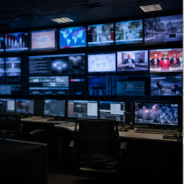 International newsroom or media control room with blurred monitors