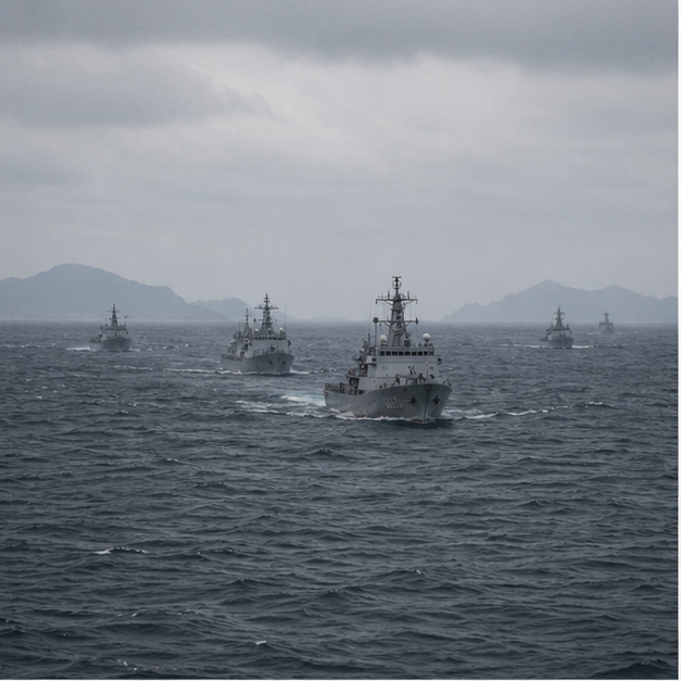 Gray patrol vessels in distant choppy water