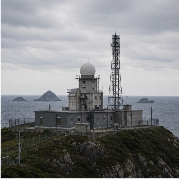Coastal monitoring station under cloudy sky