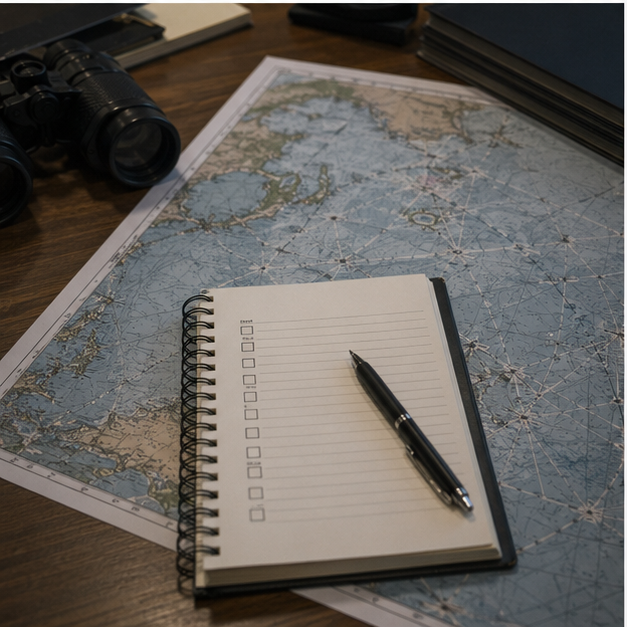 Desk with blank signal checklist and East China Sea route map