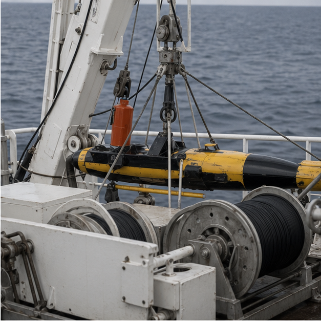 Sonar or seabed survey equipment on deck with no labels