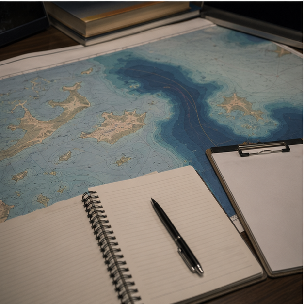 Desk with bathymetric style map and blank notes