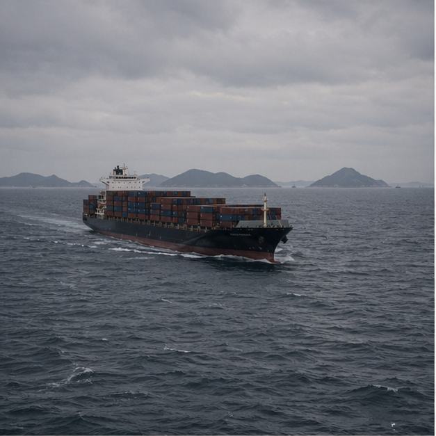 Container ship on a gray sea lane from a distance