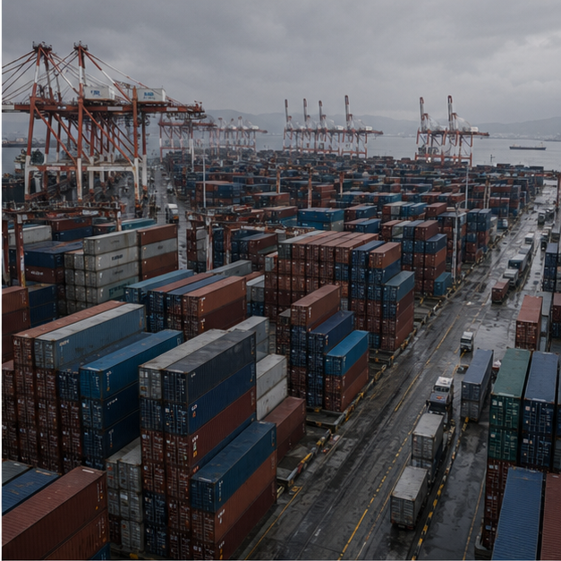 Congested container terminal with stacked boxes and cranes
