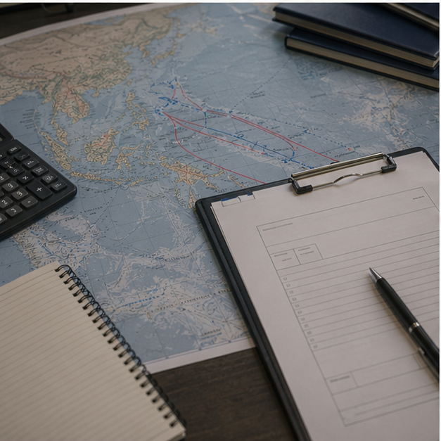 Shipping risk desk with blank insurance papers and route map