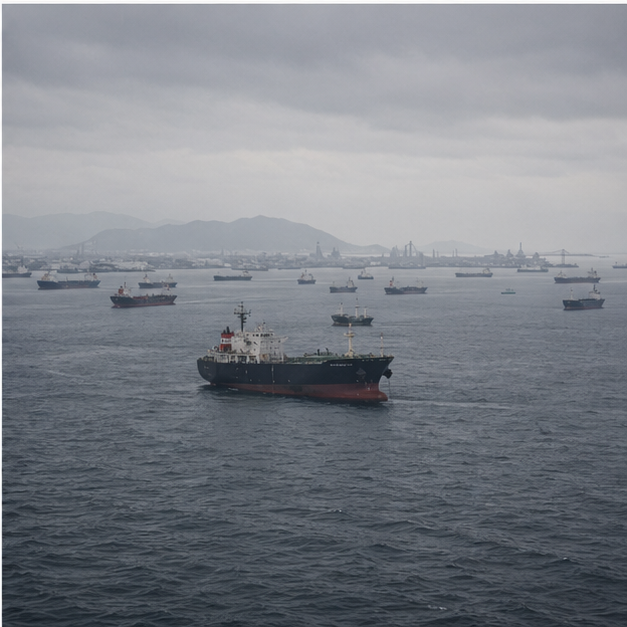 Harbor anchorage with multiple waiting cargo ships under overcast sky