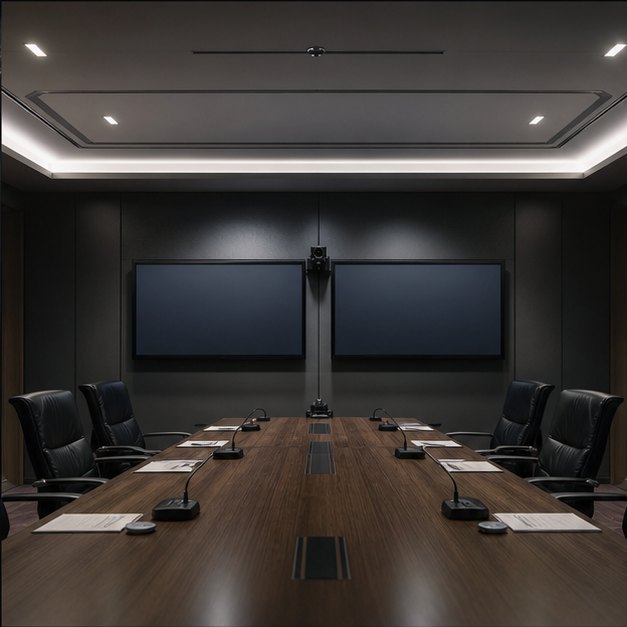Secure empty video conference room with blank screens