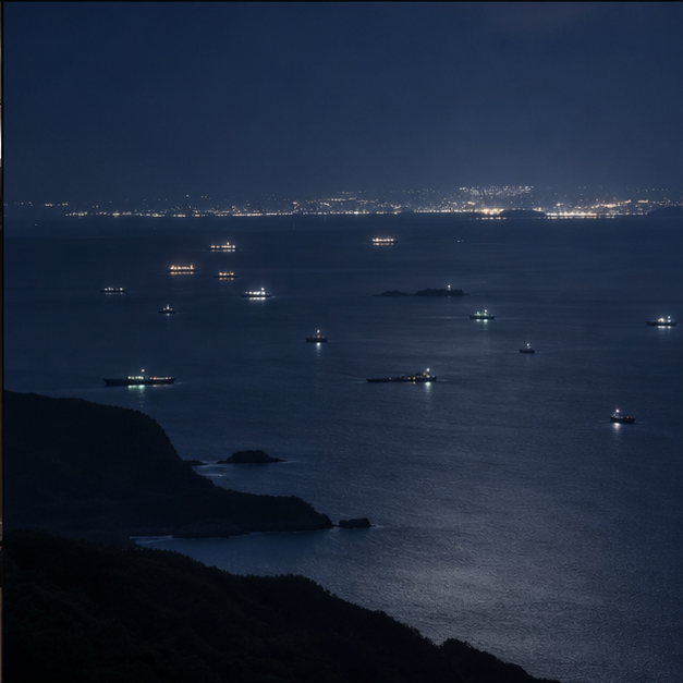 Night view of a strait with distant vessels