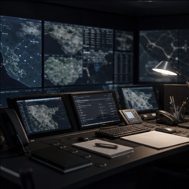 Crisis monitoring desk with unreadable maps